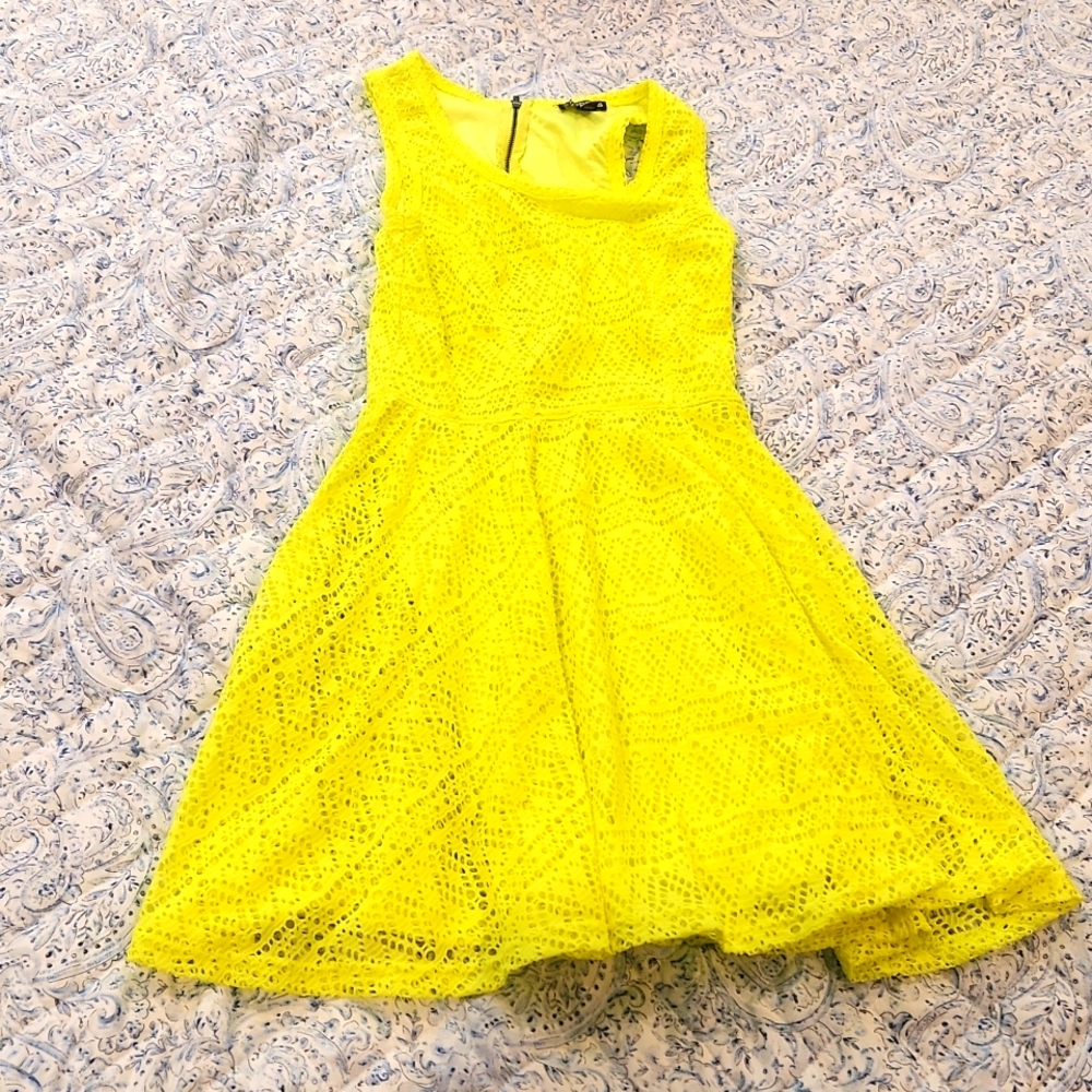 Express highlighter yellow flare dress